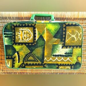 Vintage TIKI Mini Suitcase Green Vinyl and Abstract Print Fabric Unisex Kitsch